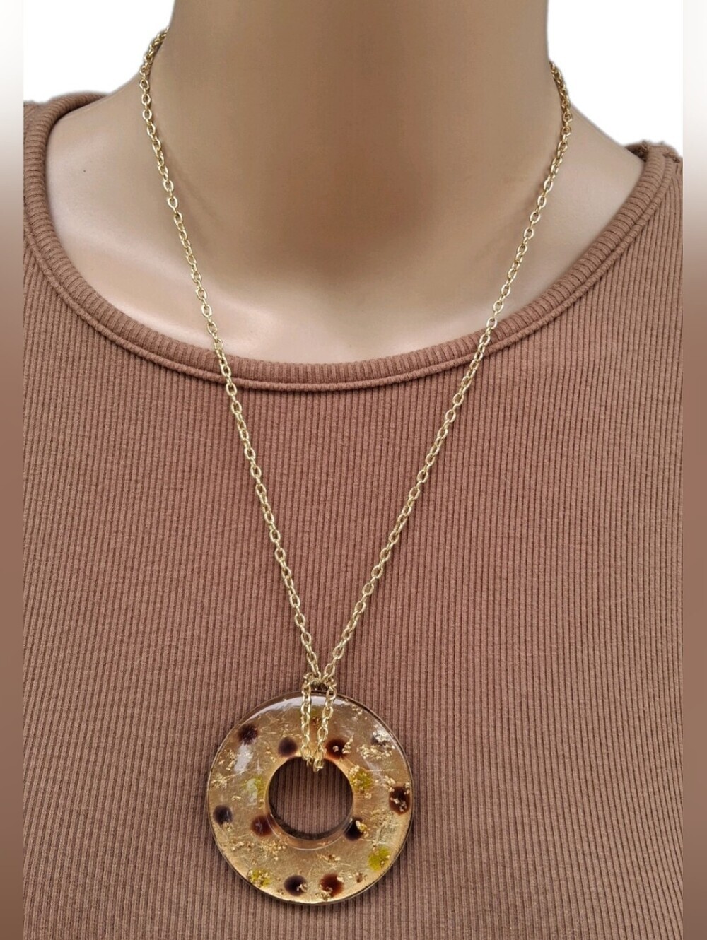 Vintage Gold Flake & Foil Lucite Resin Donut Pendant Necklace